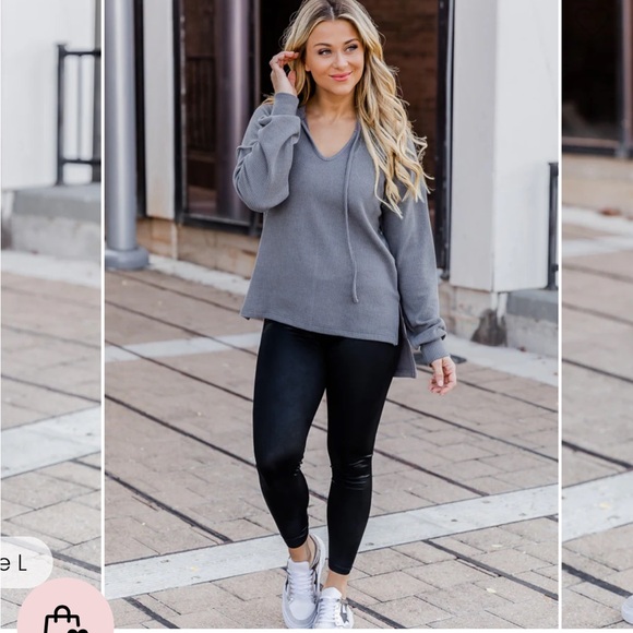 BLACK FAUX LEATHER CROSS WAIST BAND LEGGINGS - Picture 2 of 6